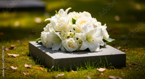 Elegant grave monument adorned with white flowers in a serene outdoor setting