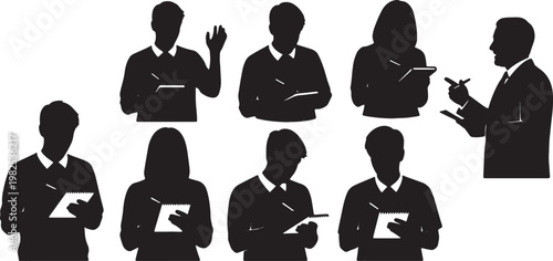 Black Solid Eager Intern Taking Notes Silhouettes Set of Six on White Background