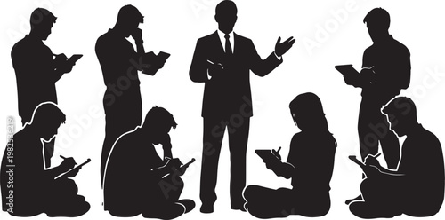 Black Solid Eager Intern Taking Notes Silhouettes Set of Six on White Background