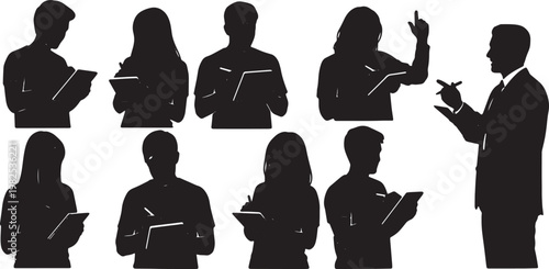 Black Solid Eager Intern Taking Notes Silhouettes Set of Six on White Background
