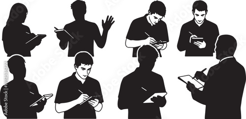 Black Solid Eager Intern Taking Notes Silhouettes Set of Six on White Background