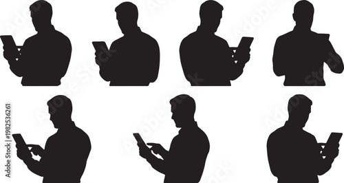 Black Solid Ecommerce Manager Tracking Sales Metric Silhouettes Set of Six on White Background