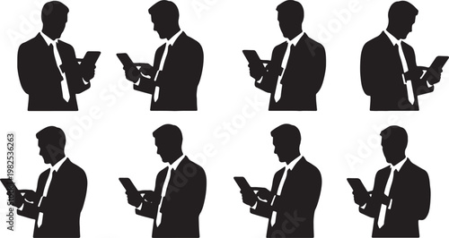Black Solid Ecommerce Manager Tracking Sales Metric Silhouettes Set of Six on White Background