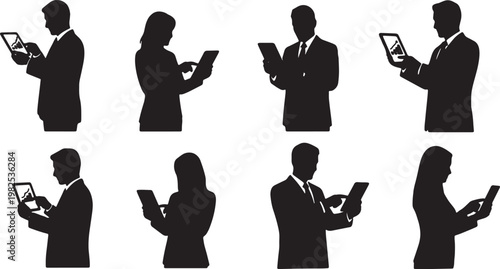 Black Solid Ecommerce Manager Tracking Sales Metric Silhouettes Set of Six on White Background