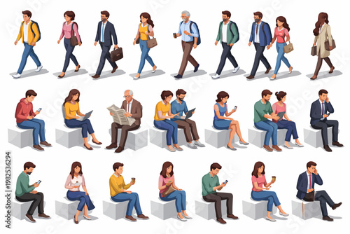 Isometric Vector People Set Featuring Walking and Sitting Figures with Shadows for Architectural Diagrams