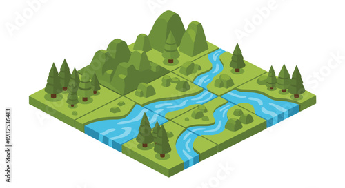 Isometric landscape tile set features lush green hills, dense pine trees, and a winding blue river flowing through a modular grid on white background.