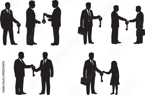 Black Solid Executive Director Handing Golden Key Silhouettes Set of Six on White Background