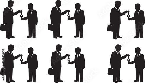 Black Solid Executive Director Handing Golden Key Silhouettes Set of Six on White Background