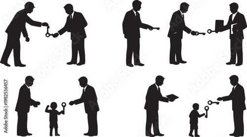 Black Solid Executive Director Handing Golden Key Silhouettes Set of Six on White Background