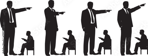 Black Solid Executive Instructing Subordinates Silhouettes Set of Six on White Background