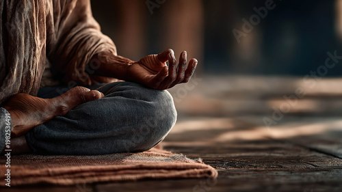 Close up meditation in lotus pose with hands resting on knees promoting mindfulness and calm