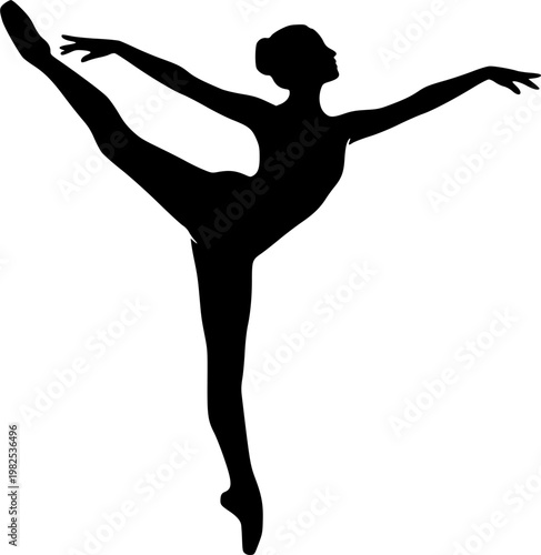 Graceful ballet dancer performing an elegant arabesque pose, depicted as a striking vector silhouette illustration.