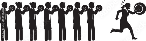 Black Solid Executive Pressing Buzzer Silhouettes Set of Six on White Background