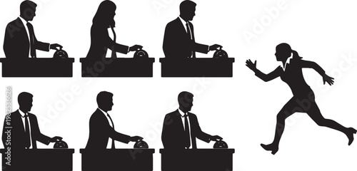 Black Solid Executive Pressing Buzzer Silhouettes Set of Six on White Background