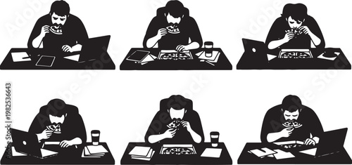 Black Solid Exhausted Founder Late Night Pizza Silhouettes Set of Six on White Background