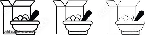 Minimalist cereal bowl and box icon set, breakfast cereal line art vector, healthy morning meal symbols in three stroke weights
