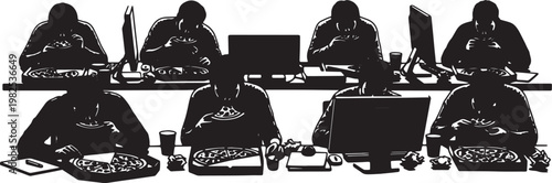 Black Solid Exhausted Founder Late Night Pizza Silhouettes Set of Six on White Background