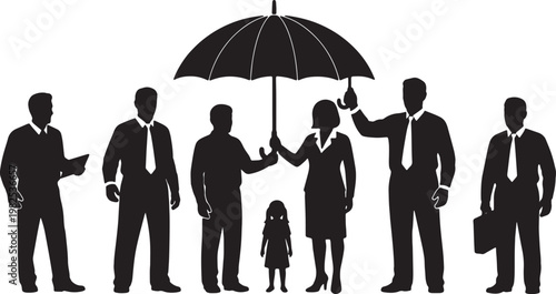 Black Solid Experienced Manager Umbrella Trainee Silhouettes Set of Six on White Background