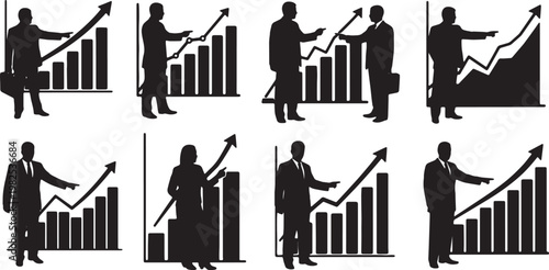 Black Solid Financial Officer Pointing Profit Margin Silhouettes Set of Six on White Background