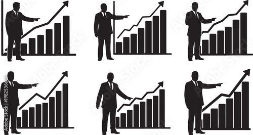 Black Solid Financial Officer Pointing Profit Margin Silhouettes Set of Six on White Background