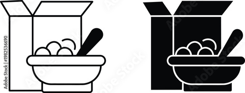 Minimalist cereal bowl and box icon set, breakfast food vector illustration, black and white morning meal symbols for packaging and menus