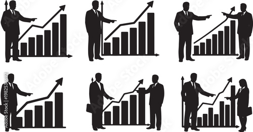 Black Solid Financial Officer Pointing Profit Margin Silhouettes Set of Six on White Background