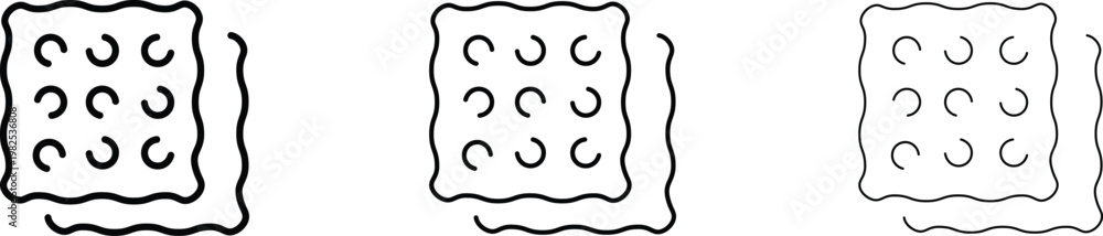 Fototapeta premium Minimalist cracker icon set, black line art biscuit vector illustration, simple square cookie symbols for food packaging and menu design