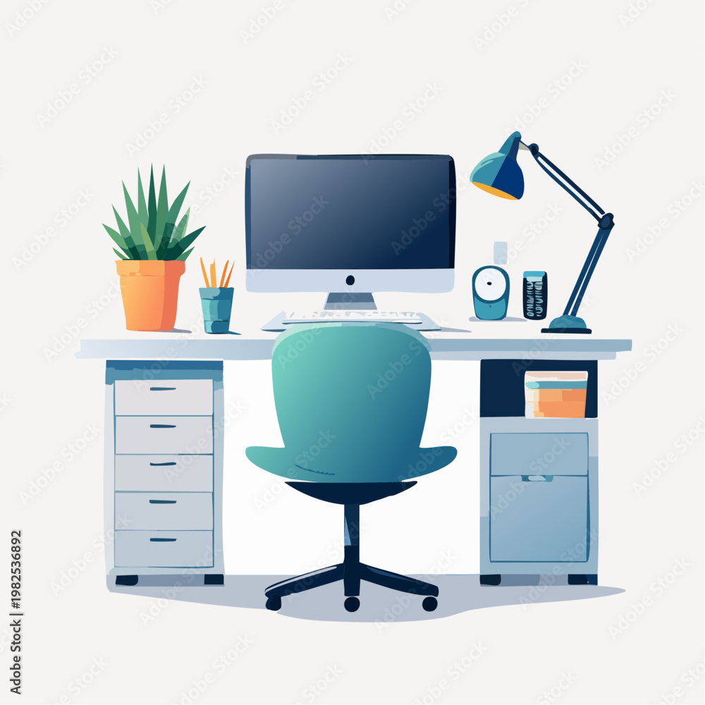 Fototapeta premium Modern home office setup with desktop computer, ergonomic chair and desk lamp