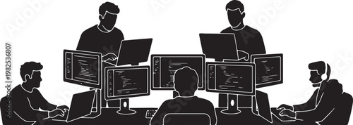 Black Solid Hackathon Participant Debugging Code Silhouettes Set of Six on White Background