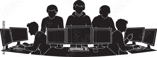 Black Solid Hackathon Participant Debugging Code Silhouettes Set of Six on White Background