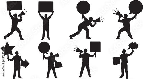 Black Solid Growth Hacker Megaphone Promo Sign Silhouettes Set of Six on White Background