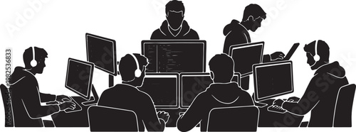Black Solid Hackathon Participant Debugging Code Silhouettes Set of Six on White Background