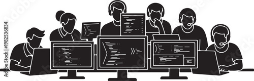 Black Solid Hackathon Participant Debugging Code Silhouettes Set of Six on White Background