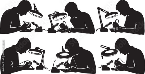 Black Solid Hardware Engineer Soldering Circuit Board Silhouettes Set of Six on White Background