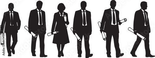 Black Solid High Ranking Official Blueprint Silhouettes Set of Six on White Background