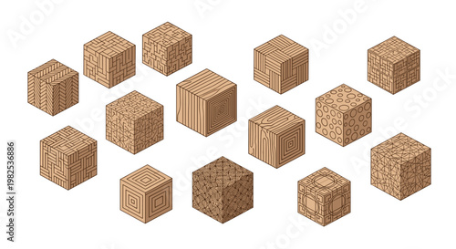 Various wooden cubes displaying intricate geometric patterns and unique surface textures organized on a light tan background for architectural modeling.