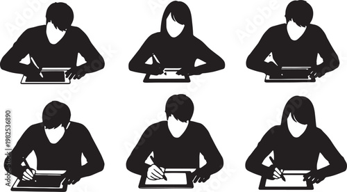 Black Solid Home Based Designer Graphic Tablet Silhouettes Set of Six on White Background