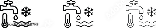 Plumbing and water temperature line icons, faucet with water drop and snowflake symbols, thermometer and wave vector set for home maintenance