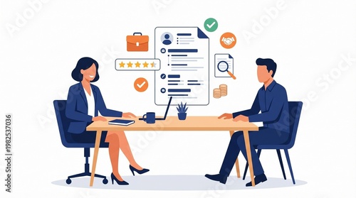 Job interview and recruitment concept illustration. Vector illustration of human resources, hiring, career, employment, job search, for web design, social media, business and marketing material.