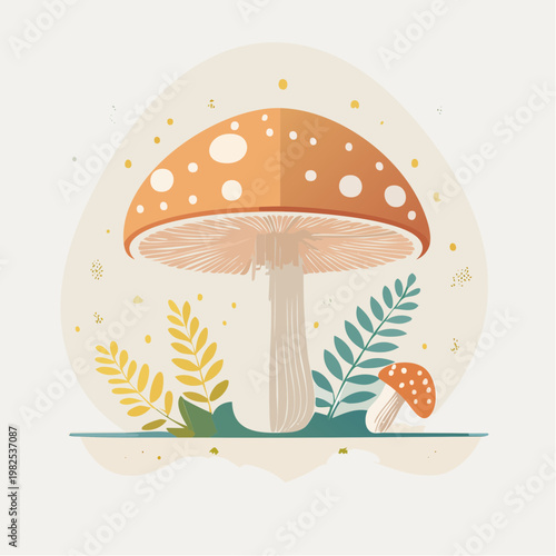 Charming stylized illustration of a spotted toadstool nestled in vibrant autumn foliage, celebrating the whimsical beauty of nature