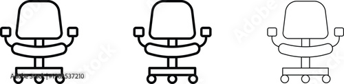 Minimalist office chair icon set, black line art desk chair vectors, ergonomic swivel chair illustrations for business and workspace design
