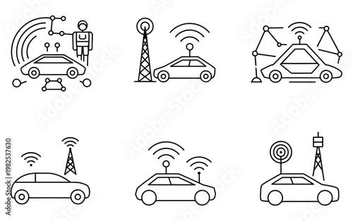 Autonomous car concept icons depicting self driving technology and futuristic transportation with connected systems and artificial intelligence for automated vehicles, clean flat vector illustrations