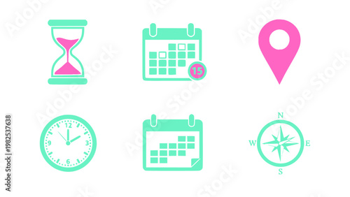 Icons featuring clocks, maps, and scheduling elements.