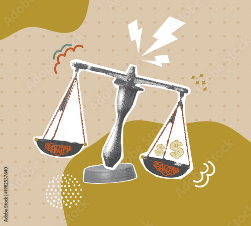 Art collage concept about the unfair scales of justice with money.