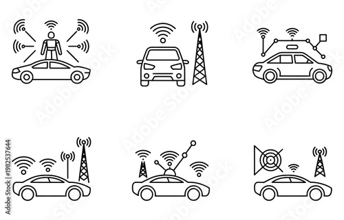 Autonomous car concept icons depicting self driving technology and futuristic transportation with connected systems and artificial intelligence for automated vehicles
