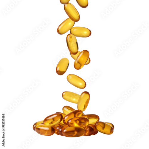 Amber gold vitamin d softgel capsules cascading in a fluid motion against a transparent background with bright warm studio lighting health and wellness atmosphere
