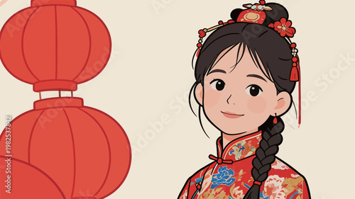 Chinese Girl in Traditional Outfit with Lanterns