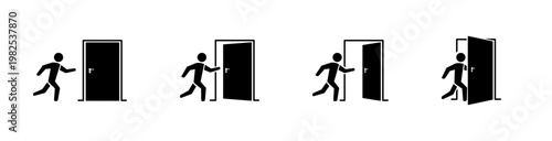 Man Running Door Icons Set – Person Opening and Closing Door, Exit Entrance Action Symbols, Emergency Escape UI Vector Collection