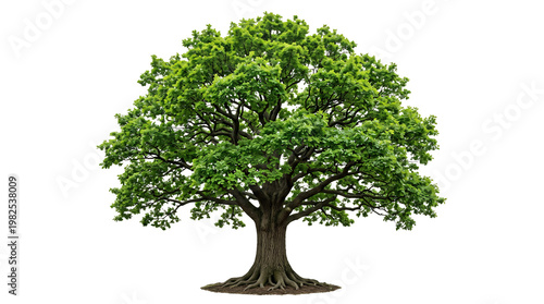 Large green oak tree with dense foliage isolated on transparent background