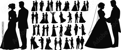 Wedding couple silhouettes various poses and actions